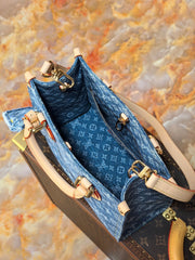 LV 25S ONTHEGO 28 IN BLUE MONOGRAM DENIM COTTON CALFSKIN LEATHER STRAP