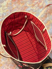 LV 25S NEVERFULL 31 IN DARK BROWN MONOGRAM CHERRY LEATHER TRIM GOLD HARDWARE