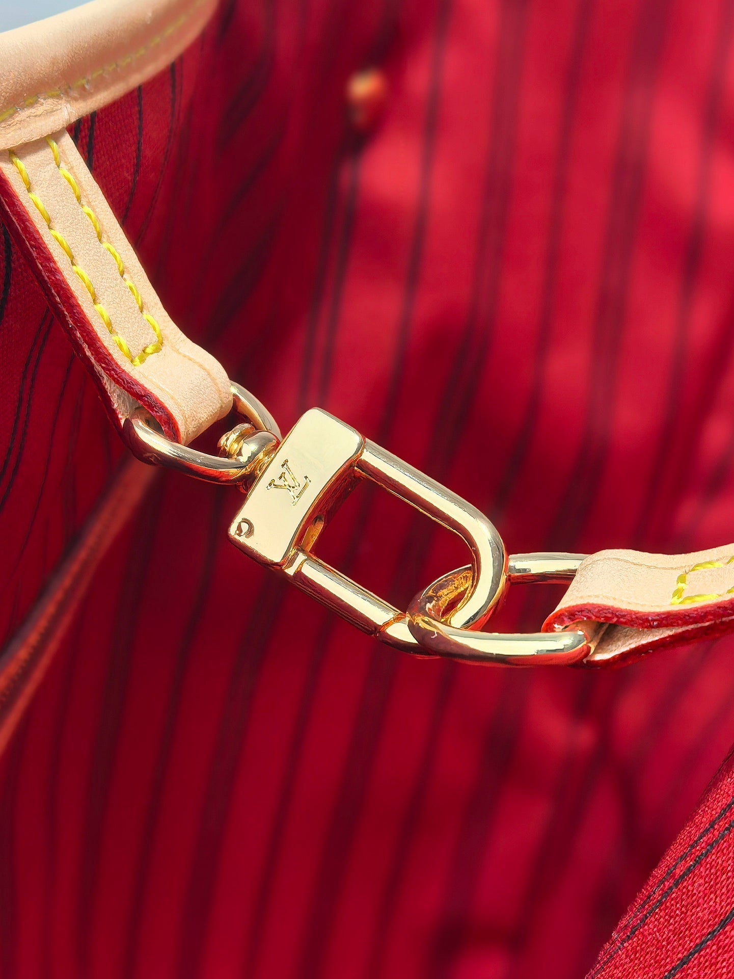 LV 25S NEVERFULL 31 IN DARK BROWN MONOGRAM CHERRY LEATHER TRIM GOLD HARDWARE