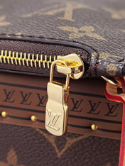 LV 25S NEVERFULL 31 IN DARK BROWN MONOGRAM CHERRY LEATHER TRIM GOLD HARDWARE