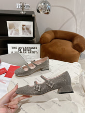 MINI TRES VIVIER STRASS BUCKLE BABIES BALLERINAS IN TAUPE CALFSKIN FULLY EMBELLISHED CRYSTALS