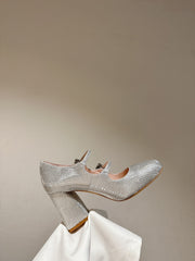 TRÈS VIVIER MARY JANE DOUBLE-STRAP PUMPS IN SILVER CALFSKIN FULLY EMBELLISHED CRYSTALS