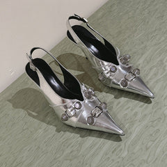 CAGOLE HIGH SLINGBACK IN SILVER GLOSSY CALFSKIN