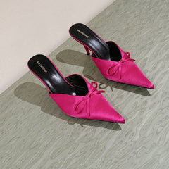 POINTED HIGH MULES WITH BOW IN HOT PINK SILK