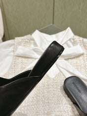 BLACK SHINY LAMBSKIN SQUARE TOE FLAT MULES BLACK BUCKLE