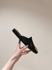 BLACK SHINY LAMBSKIN SQUARE TOE FLAT MULES GOLD BUCKLE