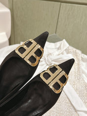 POINTED BB GOLD BUCKLE BALLET FLAT IN BLACK SUEDE