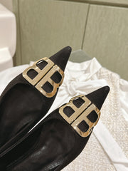 POINTED BB GOLD BUCKLE BALLET FLAT IN BLACK SUEDE