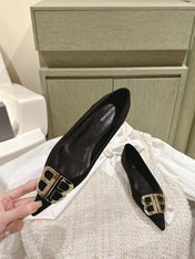 POINTED BB GOLD BUCKLE BALLET FLAT IN BLACK SUEDE