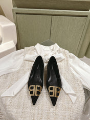 POINTED BB GOLD BUCKLE BALLET FLAT IN BLACK SUEDE