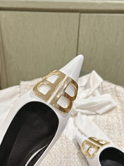 POINTED BB GOLD BUCKLE BALLET FLAT IN WHITE SHINY LAMBSKIN
