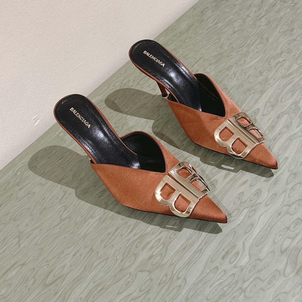 POINTED BB GOLD BUCKLE HIGH MULES IN BROWN RUST SILK
