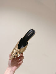 POINTED BB GOLD BUCKLE HIGH MULES IN GOLD METALLIC CALFSKIN