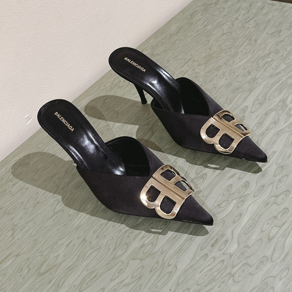 POINTED BB GOLD BUCKLE HIGH MULES IN BLACK SILK