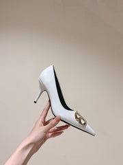 POINTED BB GOLD BUCKLE HIGH PUMPS 85MM IN WHITE PATENT CALFSKIN