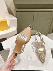 FENDI COLIBRÌ HIGH-HEELED SLINGBACKS 75MM IN LIGHT GOLD FABRIC