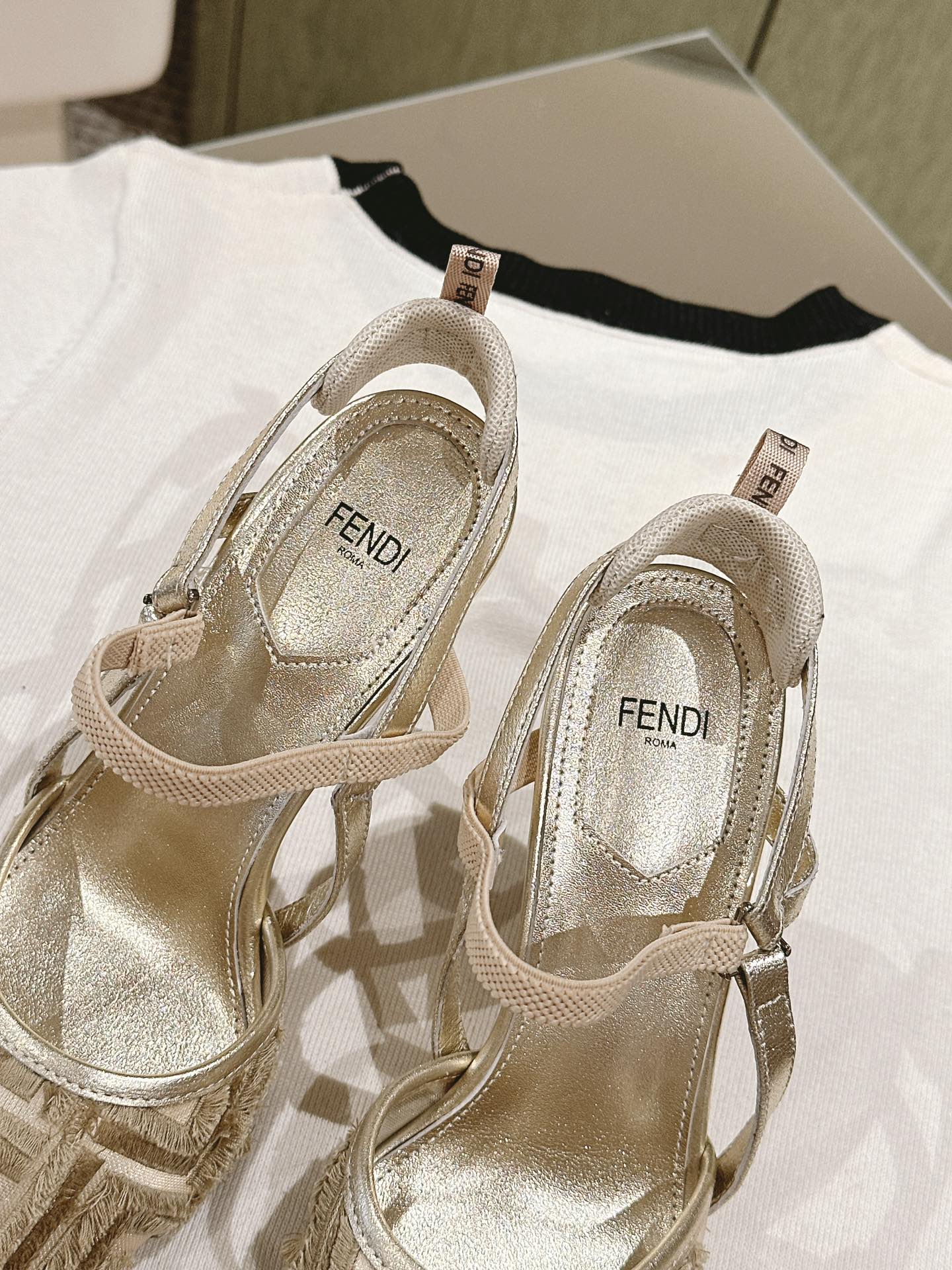 FENDI COLIBRÌ HIGH-HEELED SLINGBACKS 75MM IN LIGHT GOLD FABRIC