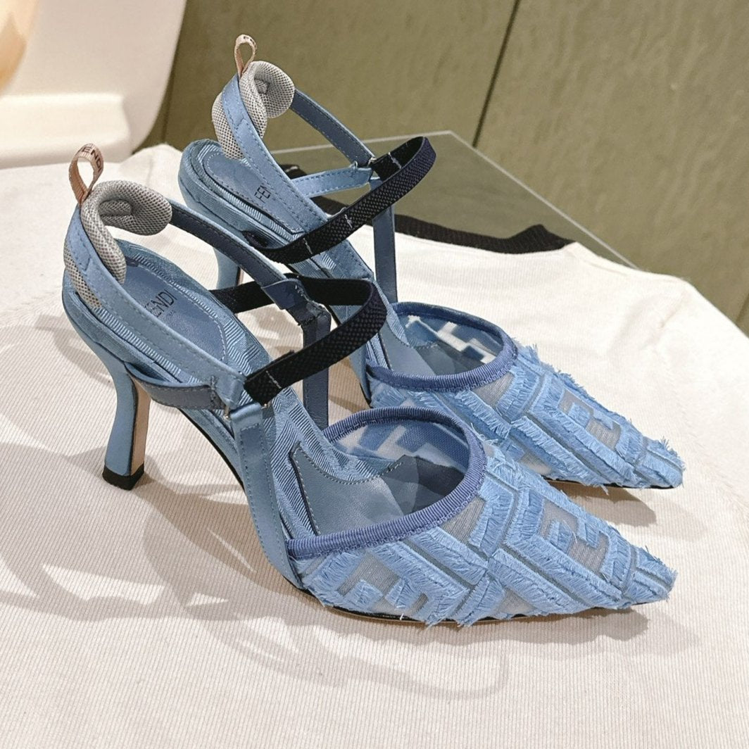 FENDI COLIBRÌ HIGH-HEELED SLINGBACKS 75MM IN SKY BLUE FABRIC