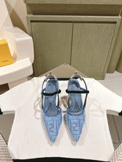 FENDI COLIBRÌ HIGH-HEELED SLINGBACKS 75MM IN SKY BLUE FABRIC