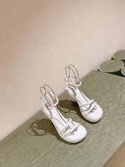 FENDI BAGUETTE HIGH HEELS 85MM IN WHITE LAMBSKIN WITH GOLD HARDWARE