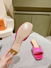 LV WOMEN FLAT MULE IN DEEP PINK SATIN WITH RHINESTONE