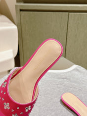LV WOMEN FLAT MULE IN DEEP PINK SATIN WITH RHINESTONE