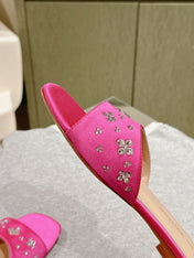 LV WOMEN FLAT MULE IN DEEP PINK SATIN WITH RHINESTONE