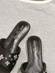 LV WOMEN FLAT MULE IN BLACK SATIN WITH RHINESTONE