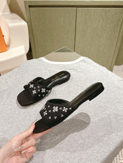 LV WOMEN FLAT MULE IN BLACK SATIN WITH RHINESTONE