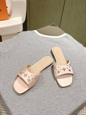 LV WOMEN FLAT MULE IN ALMOND BEIGE SATIN WITH RHINESTONE
