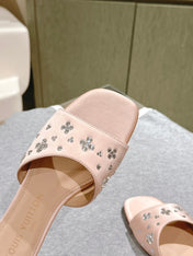 LV WOMEN FLAT MULE IN ALMOND BEIGE SATIN WITH RHINESTONE
