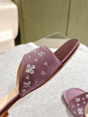 LV WOMEN FLAT MULE IN MAUVE PURPLE SATIN WITH RHINESTONE