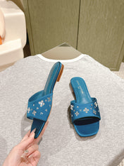 LV WOMEN FLAT MULE IN COBALT BLUE SATIN WITH RHINESTONE