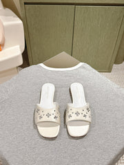LV WOMEN FLAT MULE IN WHITE SATIN WITH RHINESTONE