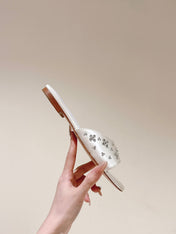 LV WOMEN FLAT MULE IN WHITE SATIN WITH RHINESTONE