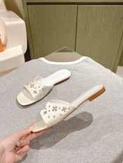 LV WOMEN FLAT MULE IN WHITE SATIN WITH RHINESTONE