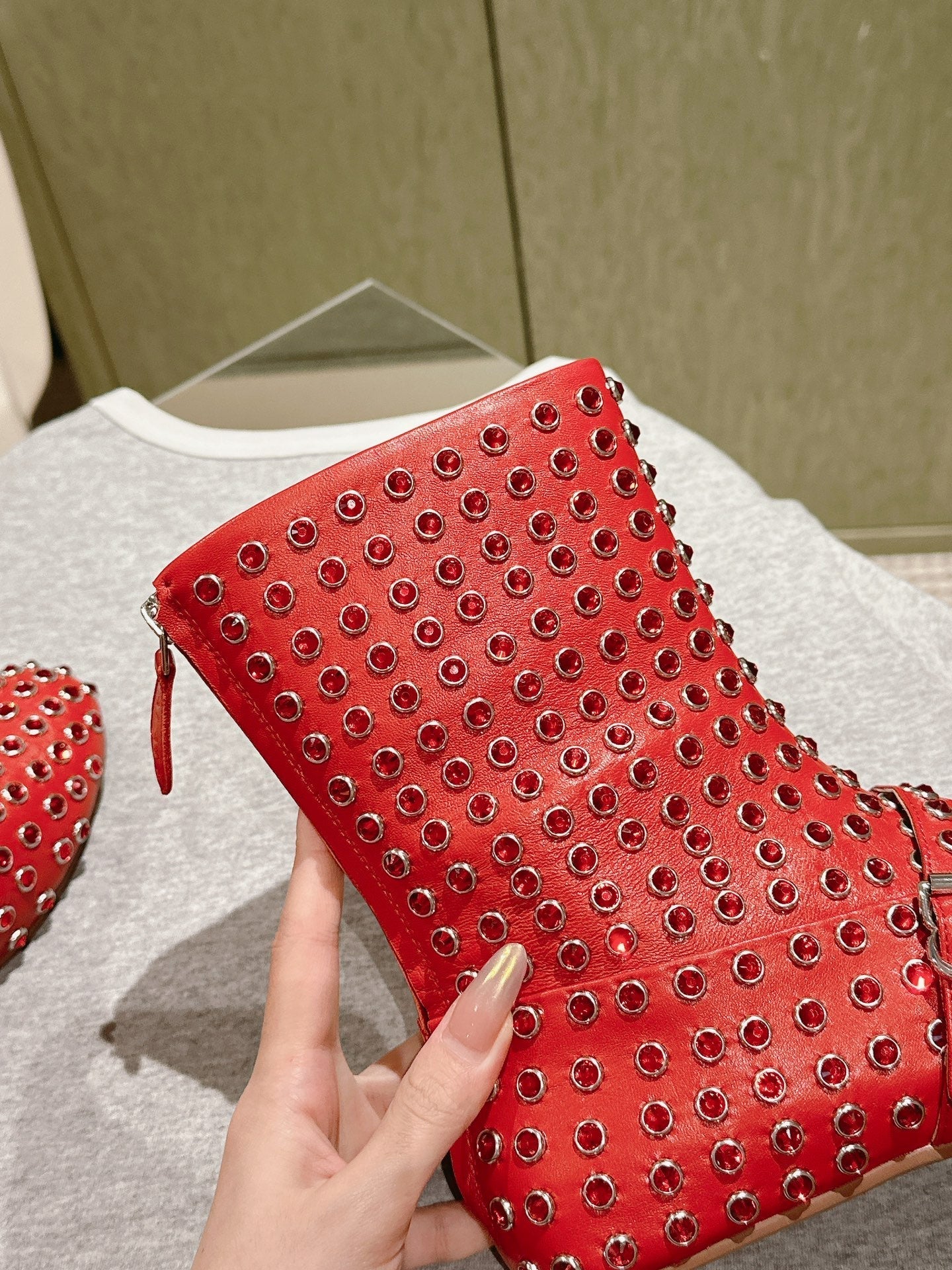 ALAIA SHORT BOOTS IN CHERRY RED LAMBSKIN ATTACH RHINSTONES