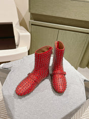 ALAIA SHORT BOOTS IN CHERRY RED LAMBSKIN ATTACH RHINSTONES