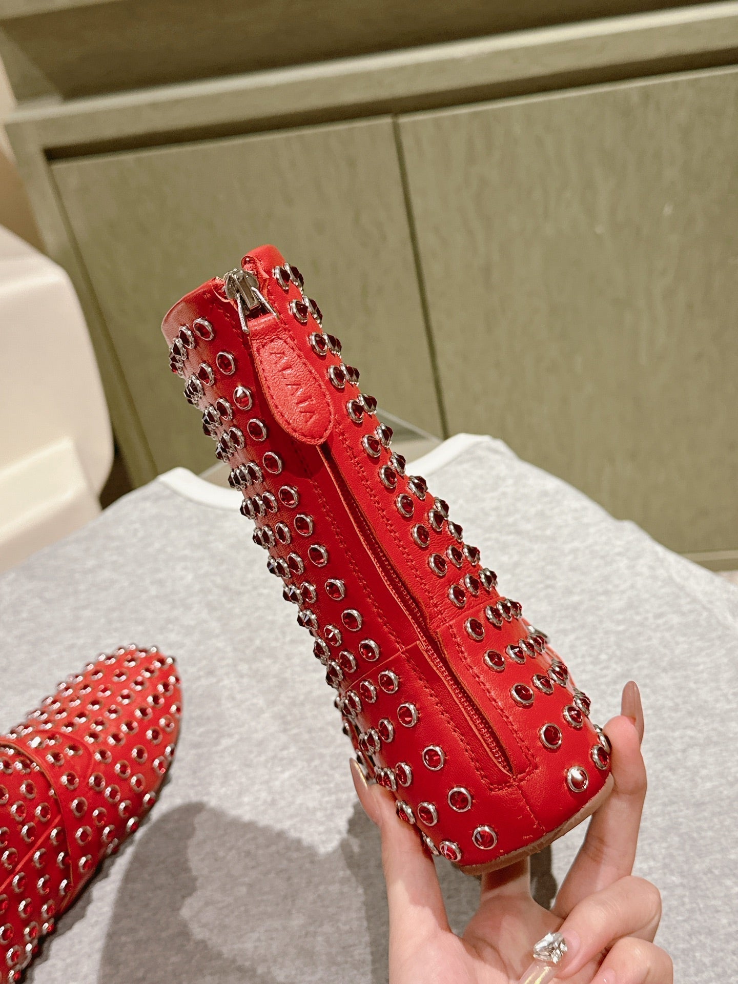 ALAIA SHORT BOOTS IN CHERRY RED LAMBSKIN ATTACH RHINSTONES