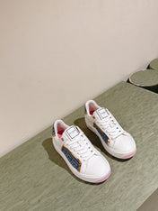 BALMAIN 26S SNEAKERS IN WHITE CALFSKIN AND BLUE CANVAS WITH LIGHT PINK SOLE
