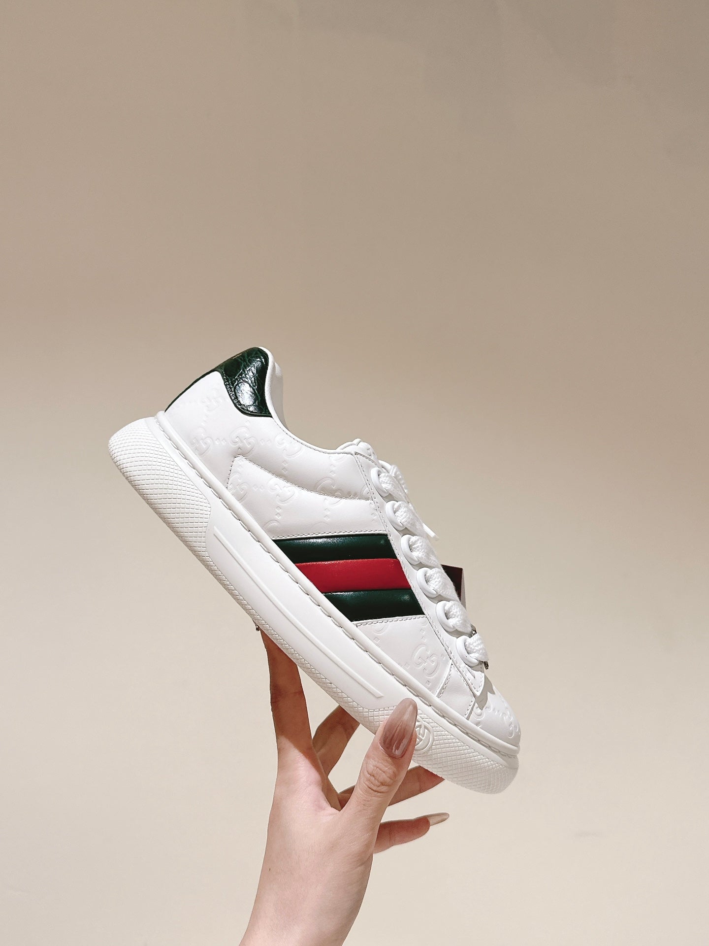 GG ACE SNEAKER WITH WEB IN WHITE EMBOSSED CALFSKIN