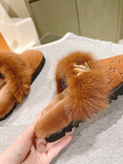 COSY FLAT COMFORT CLOG IN BRONZE BROWN MONOGRAM LAMB WOOL AND MINK FUR