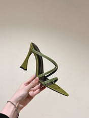 HIGH HEEL MULE 10 CM IN OLIVE GREEN SATIN WITH RHINESTONES