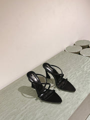 HIGH HEEL MULE 10 CM IN BLACK SATIN WITH RHINESTONES