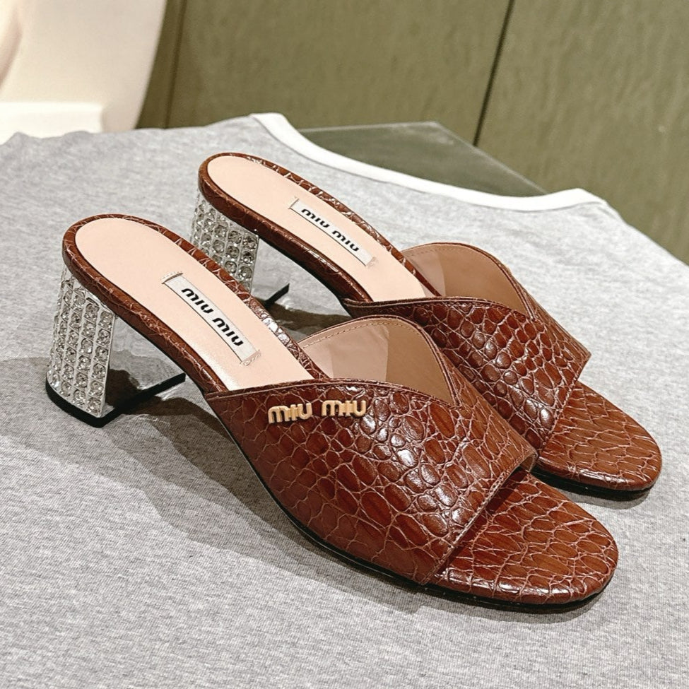 JEWELLED HEEL 55 MULE SANDALS IN RUSET BROWN CALFSKIN