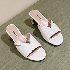 JEWELLED HEEL 55 MULE SANDALS IN WHITE CALFSKIN