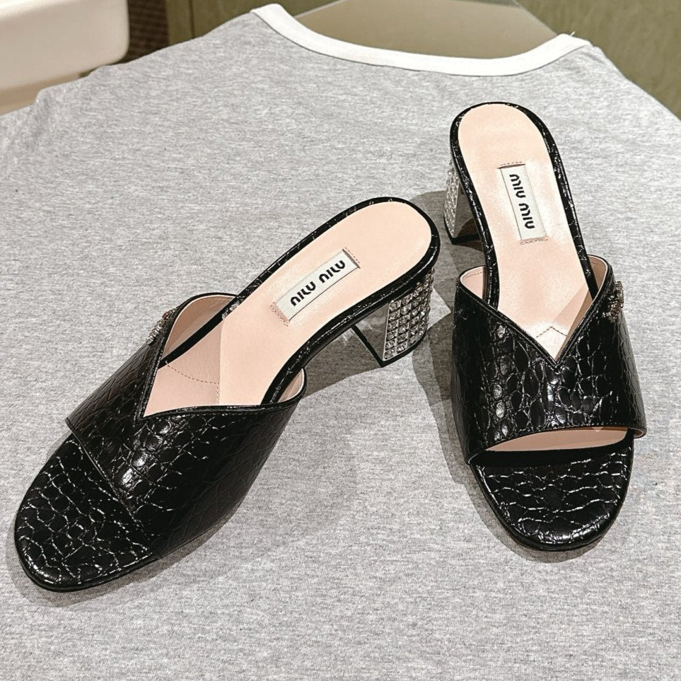 JEWELLED HEEL 55 MULE SANDALS IN BLACK CALFSKIN