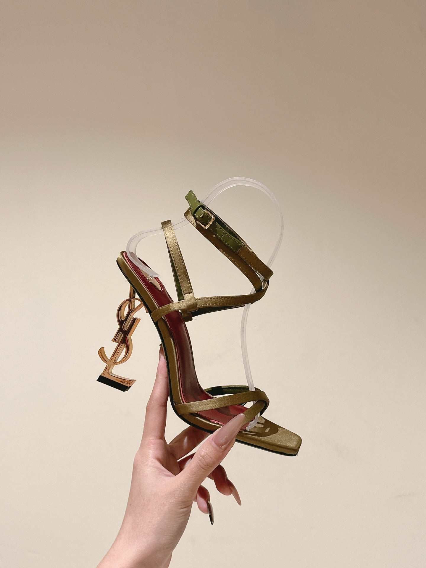YSL 25S HIGH-HEEL SANDALS 100 MM IN MOSS GREEN SATIN WITH YSL LOGO HEEL DESIGN IN GOLD