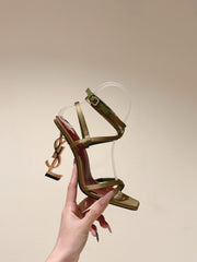 YSL 25S HIGH-HEEL SANDALS 100 MM IN MOSS GREEN SATIN WITH YSL LOGO HEEL DESIGN IN GOLD