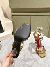 YSL 25S HIGH-HEEL SANDALS 100 MM IN MOSS GREEN SATIN WITH YSL LOGO HEEL DESIGN IN GOLD